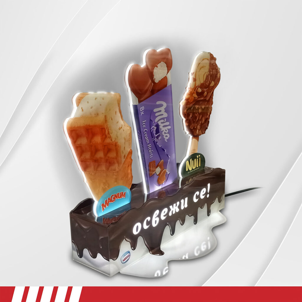 - материал плексиглас - пълноцветен печат - 3 броя продукти с двустранен печат - LED осветление - захранване с адаптор